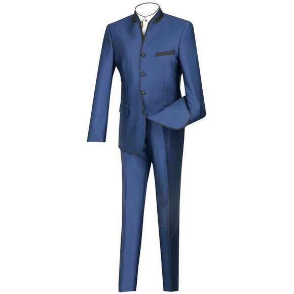 Men’s Slim Fit Banded-Collar Sharkskin Suit - Blue - Picture 1 of 2